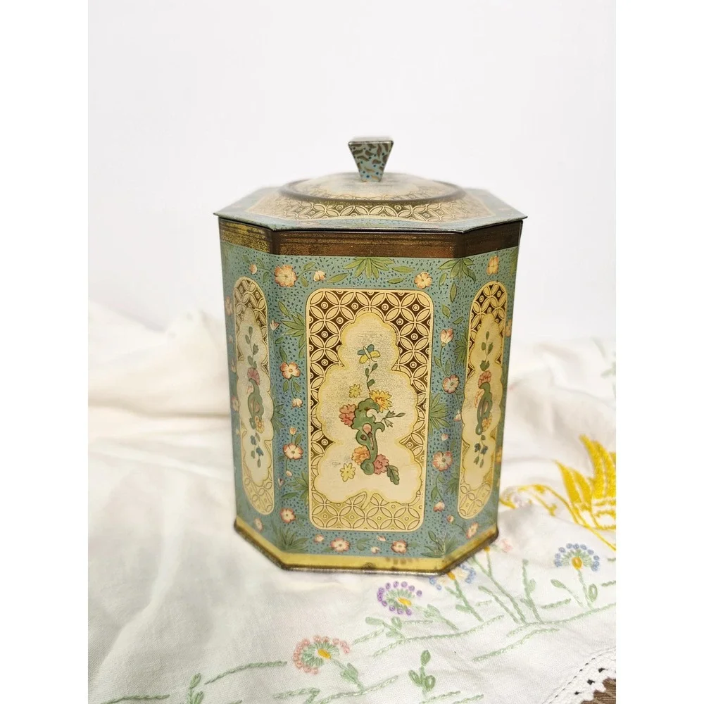 Vintage Baret Ware Floral Biscuit Tin, Gold and‎ Teal Stash Box